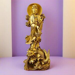 GUAN-YIN Riding a Dragon Fish BUDDHA STATUE Copper 9in Golden Metal Boddhisattva